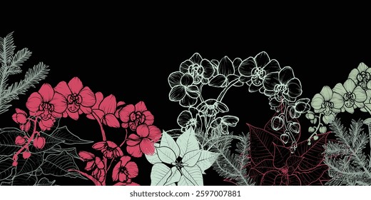 Abstract art background vector. Beautiful winter wallpaper with line art orchids, pine, poinsettia. Flowers on black background. Botanical illustration for banner, print, Web 