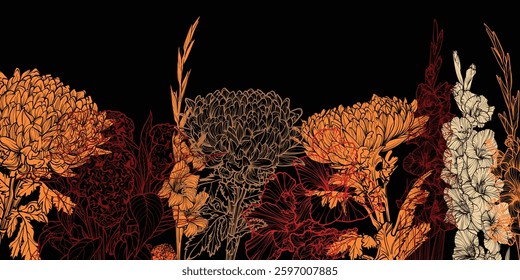 Abstract art background vector. Beautiful autumn wallpaper with line art chrysanthemum, gladiolus, celosia, and botanical leaves. Flowers on black.Botanical illustration for banner, poster, Web 