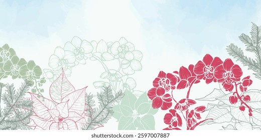 Abstract art background vector. Beautiful winter wallpaper with line art orchids, poinsettia, pine. Flowers on Watercolor background. Botanical illustration for banner, poster, Web 