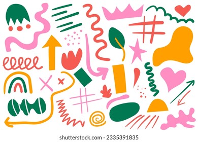 Abstract art background vector. Big element collection, unusual organic shapes. Doodle style. Vector minimal childish hand drawn isolated collection. Simple colorful creative forms.