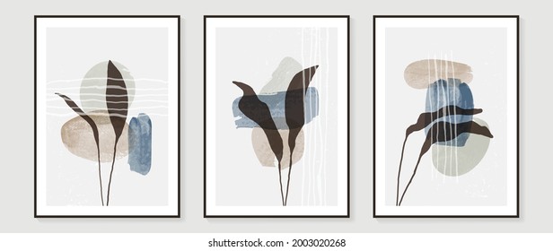Abstract art background vector.  Brush line arts. Modern organic shape wallpaper.  Minimalist hand painted illustrations with watercolor stain texture for home deco, wall art print and cover.