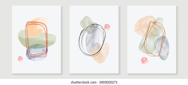 Abstract art background vector.  Brush line arts. Modern organic shape wallpaper.  Minimalist hand painted illustrations with watercolor stain texture for home deco, wall art print and cover.