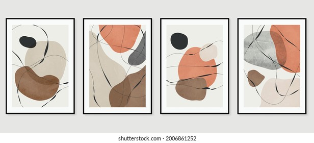 Abstract art background vector.  Brush line arts. Modern organic shape wallpaper.  Minimalist hand painted illustrations with watercolor stain texture for home deco, wall art print and cover.