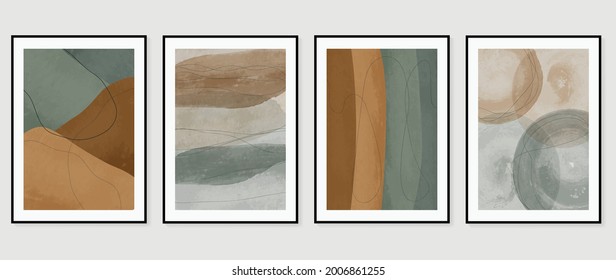 Abstract art background vector.  Brush line arts. Modern organic shape wallpaper.  Minimalist hand painted illustrations with watercolor stain texture for home deco, wall art print and cover.