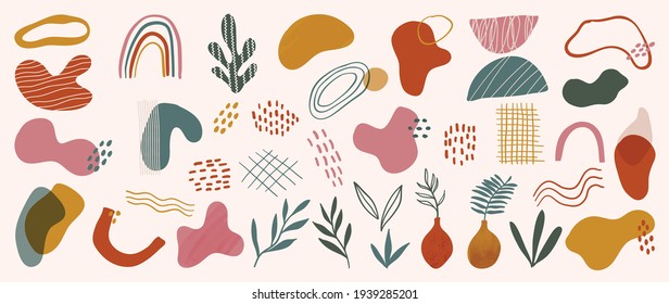 Abstract art background vector. Creative Hand drawn various shapes and doodle object elements for kids and school cover, abstract wall art for home decor,earth tone wallpaper,prints and pattern design