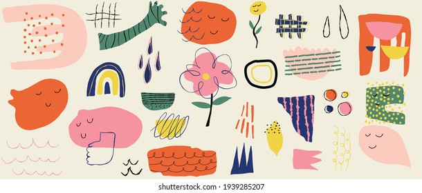Abstract art background vector. Creative Hand drawn various shapes and doodle object elements for kids and school cover, abstract wall art for home decor,earth tone wallpaper,prints and pattern design