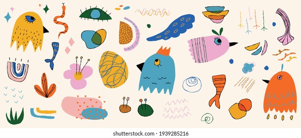 Abstract art background vector. Creative Hand drawn various shapes and doodle object elements for kids and school cover, abstract wall art for home decor,earth tone wallpaper,prints and pattern design