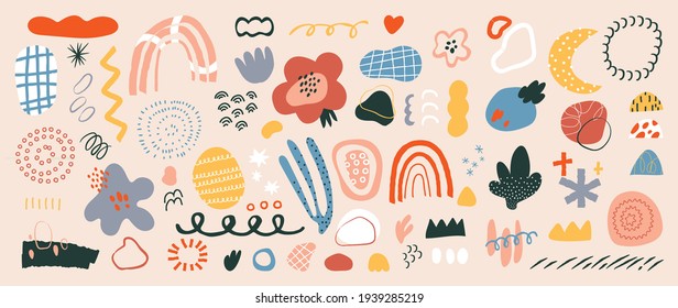 Abstract Art Background Vector. Creative Hand Drawn Various Shapes And Doodle Object Elements For Kids And School Cover, Abstract Wall Art For Home Decor,earth Tone Wallpaper,prints And Pattern Design