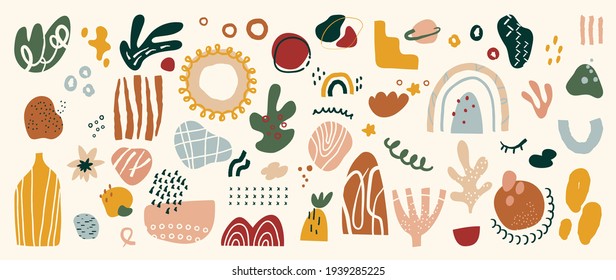 Abstract art background vector. Creative Hand drawn various shapes and doodle object elements for kids and school cover, abstract wall art for home decor,earth tone wallpaper,prints and pattern design