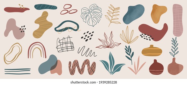 Abstract art background vector. Creative Hand drawn various shapes and doodle object elements for kids and school cover, abstract wall art for home decor,earth tone wallpaper,prints and pattern design