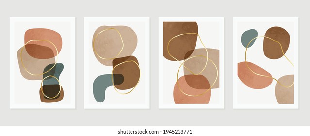 Abstract art background vector. Gold brush line arts. Modern organic shape wallpaper.  Minimalist hand painted illustrations with watercolor stain texture for home deco, wall art print and cover.