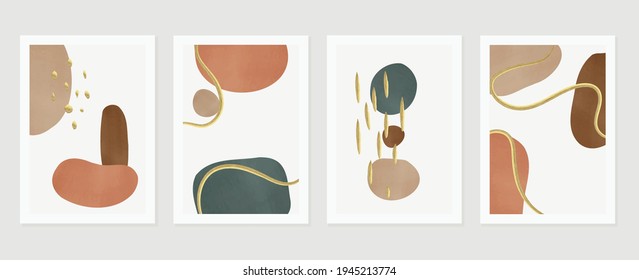 Abstract art background vector. Gold brush line arts. Modern organic shape wallpaper.  Minimalist hand painted illustrations with watercolor stain texture for home deco, wall art print and cover.