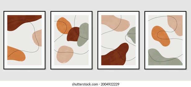 Abstract art background vector. Gold brush line arts. Modern organic shape wallpaper.  Minimalist hand painted illustrations with watercolor stain texture for home deco, wall art print and cover.