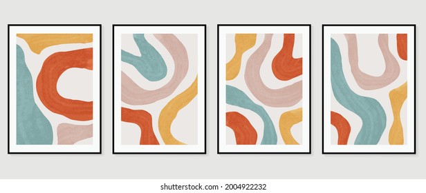 Abstract art background vector. Gold brush line arts. Modern organic shape wallpaper.  Minimalist hand painted illustrations with watercolor stain texture for home deco, wall art print and cover.