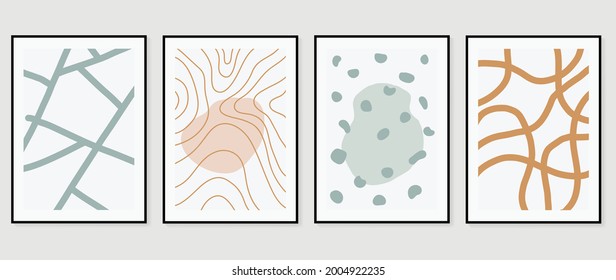 Abstract art background vector. Gold brush line arts. Modern organic shape wallpaper.  Minimalist hand painted illustrations with watercolor stain texture for home deco, wall art print and cover.