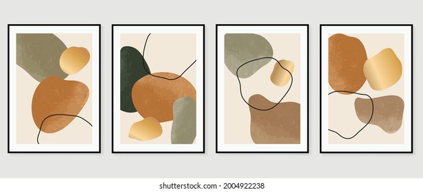 Abstract art background vector. Gold brush line arts. Modern organic shape wallpaper.  Minimalist hand painted illustrations with watercolor stain texture for home deco, wall art print and cover.