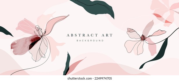 Abstract art background vector. Hand drawn watercolor flowers and line art painting minimal style background. Art design illustration for wallpaper, poster, banner card, print, web and packaging.