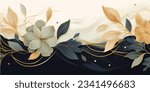 Abstract art background vector. Luxury minimal style wallpaper with golden line art flower and botanical leaves, Organic shapes, Watercolor. Vector background for banner, poster, Web and packaging
