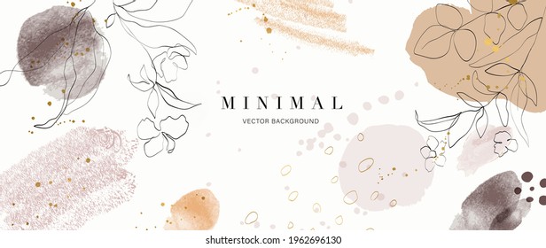 Abstract art background vector. Luxury minimal style wallpaper with golden line art flower and botanical leaves, Organic shapes, Watercolor. Vector background for banner, poster, Web and packaging.