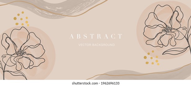 Abstract art background vector. Luxury minimal style wallpaper with golden line art flower and botanical leaves, Organic shapes, Watercolor. Vector background for banner, poster, Web and packaging.