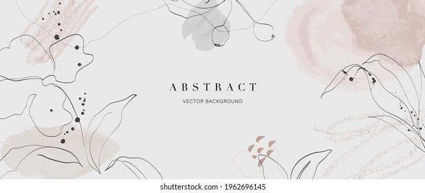 Abstract art background vector. Luxury minimal style wallpaper with golden line art flower and botanical leaves, Organic shapes, Watercolor. Vector background for banner, poster, Web and packaging.