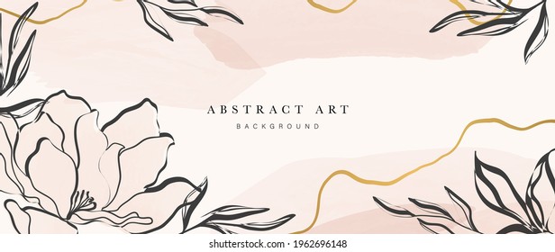 Abstract art background vector. Luxury minimal style wallpaper with golden line art flower and botanical leaves, Organic shapes, Watercolor. Vector background for banner, poster, Web and packaging.