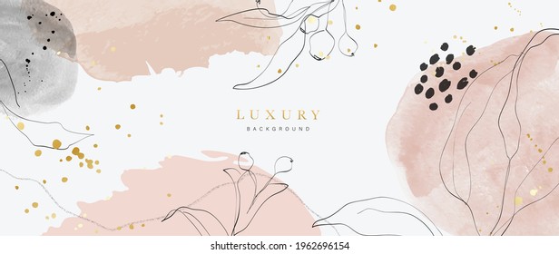 Abstract art background vector. Luxury minimal style wallpaper with golden line art flower and botanical leaves, Organic shapes, Watercolor. Vector background for banner, poster, Web and packaging.