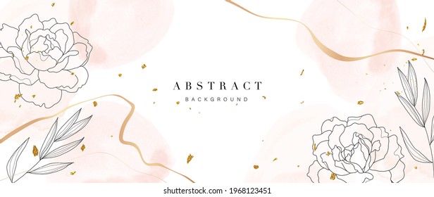 Abstract art background vector. Luxury minimal style wallpaper with golden line art flower and botanical leaves, Organic shapes, Watercolor. Vector background for banner, poster, Web and packaging.