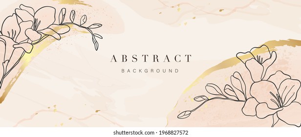 Abstract art background vector. Luxury minimal style wallpaper with golden line art flower and botanical leaves, Organic shapes, Watercolor. Vector background for banner, poster, Web and packaging.