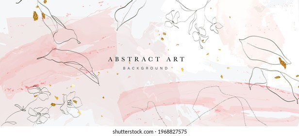 Abstract art background vector. Luxury minimal style wallpaper with golden line art flower and botanical leaves, Organic shapes, Watercolor. Vector background for banner, poster, Web and packaging.