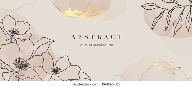 Abstract art background vector. Luxury minimal style wallpaper with golden line art flower and botanical leaves, Organic shapes, Watercolor. Vector background for banner, poster, Web and packaging.