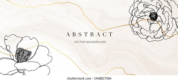Abstract art background vector. Luxury minimal style wallpaper with golden line art flower and botanical leaves, Organic shapes, Watercolor. Vector background for banner, poster, Web and packaging.