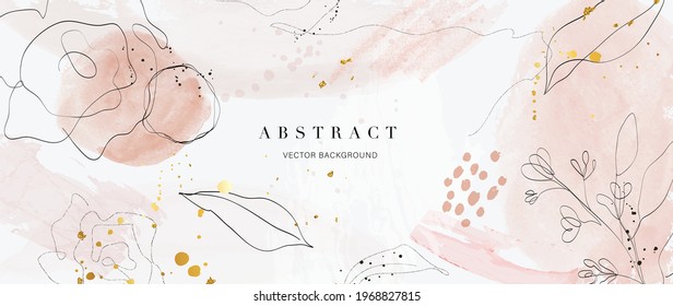 Abstract art background vector. Luxury minimal style wallpaper with golden line art flower and botanical leaves, Organic shapes, Watercolor. Vector background for banner, poster, Web and packaging.