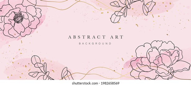 Abstract art background vector. Luxury minimal style wallpaper with golden line art flower and botanical leaves, Organic shapes, Watercolor. Vector background for banner, poster, Web and packaging.