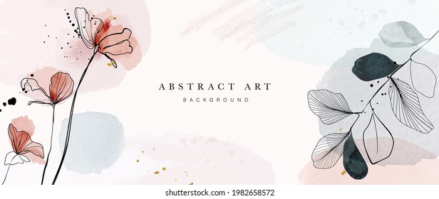 Abstract art background vector. Luxury minimal style wallpaper with golden line art flower and botanical leaves, Organic shapes, Watercolor. Vector background for banner, poster, Web and packaging.