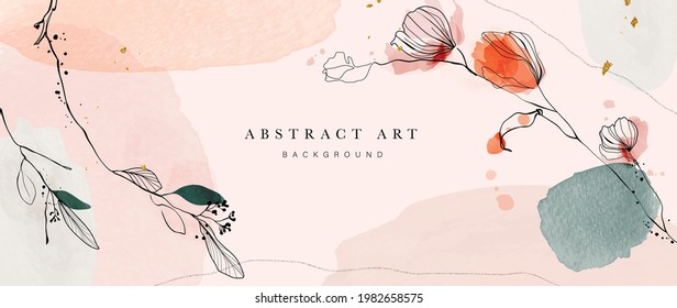 Resumen del vector de fondo de arte. Papel pintado de estilo minimalista de lujo con flor de arte de línea dorada y hojas botánicas, Formas orgánicas, acuarela. Fondo vectorial para banner, afiche, web y empaque.