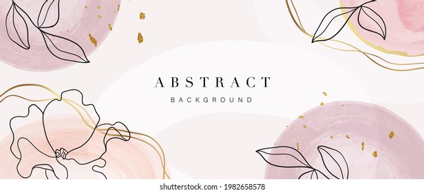 Abstract art background vector. Luxury minimal style wallpaper with golden line art flower and botanical leaves, Organic shapes, Watercolor. Vector background for banner, poster, Web and packaging.