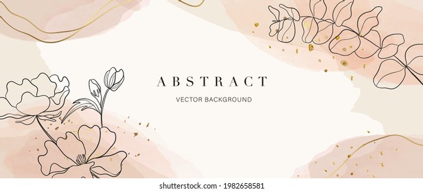 Abstract art background vector. Luxury minimal style wallpaper with golden line art flower and botanical leaves, Organic shapes, Watercolor. Vector background for banner, poster, Web and packaging.