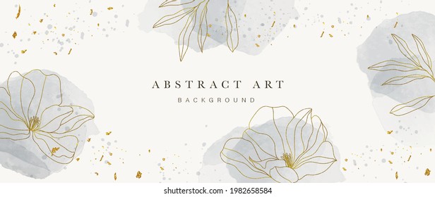 Abstract art background vector. Luxury minimal style wallpaper with golden line art flower and botanical leaves, Organic shapes, Watercolor. Vector background for banner, poster, Web and packaging.