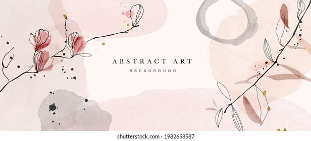 Abstract art background vector. Luxury minimal style wallpaper with golden line art flower and botanical leaves, Organic shapes, Watercolor. Vector background for banner, poster, Web and packaging.