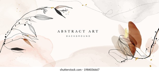 Resumen del vector de fondo de arte. Papel pintado de estilo minimalista de lujo con flor de arte de línea dorada y hojas botánicas, Formas orgánicas, acuarela. Fondo vectorial para banner, afiche, web y empaque.