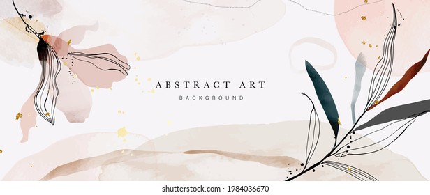 Abstract art background vector. Luxury minimal style wallpaper with golden line art flower and botanical leaves, Organic shapes, Watercolor. Vector background for banner, poster, Web and packaging.