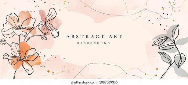 Abstract art background vector. Luxury minimal style wallpaper with golden line art flower and botanical leaves, Organic shapes, Watercolor. Vector background for banner, poster, Web and packaging