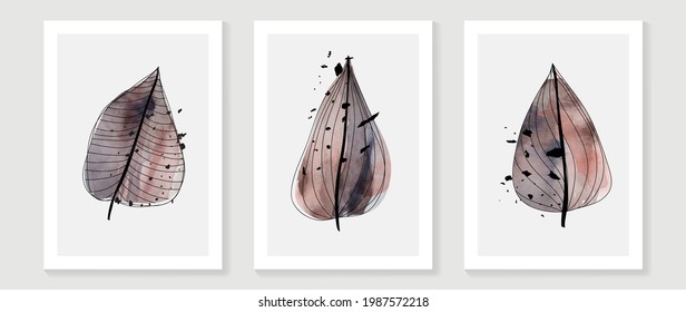 Abstract art background vector. Luxury minimal style wall art with botanical leaves line art and watercolor. Vector background for banner, poster, cover, card, invitation and prints.