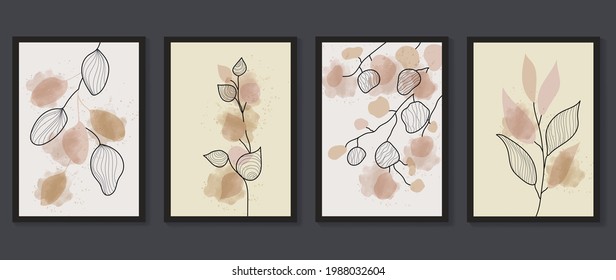 Abstract art background vector. Luxury minimal style wall art with botanical leaves line art and watercolor. Vector background for banner, poster, cover, card, invitation and prints.