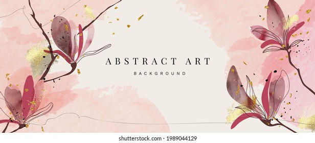 Abstract art background vector. Luxury minimal style wallpaper with golden line art flower and botanical leaves, Organic shapes, Watercolor. Vector background for banner, poster, Web and packaging.