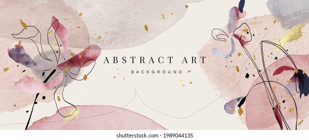 Abstract art background vector. Luxury minimal style wallpaper with golden line art flower and botanical leaves, Organic shapes, Watercolor. Vector background for banner, poster, Web and packaging.