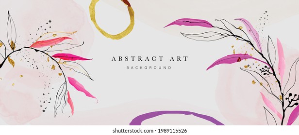 Resumen del vector de fondo de arte. Papel pintado de estilo minimalista de lujo con flor de arte de línea dorada y hojas botánicas, Formas orgánicas, acuarela. Fondo vectorial para banner, afiche, web y empaque.