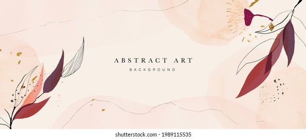 Abstrakter Kunsthintergrund, Vektorgrafik. Luxuriöse Tapete im minimalen Stil mit goldener Linie, Blume und botanischen Blättern, Organische Formen, Aquarell. Vektorhintergrund für Banner, Poster, Web und Verpackung.