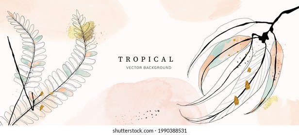 Abstract art background vector. Luxury minimal style wallpaper with golden line art flower and botanical leaves, Organic shapes, Watercolor. Vector background for banner, poster, Web and packaging.